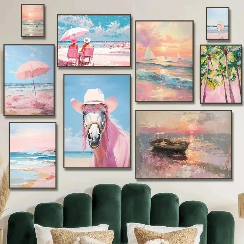 pink horse standing at coastal beach boho canvas print