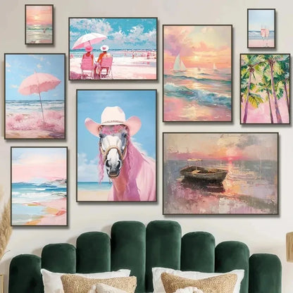 pink horse standing at coastal beach boho canvas print