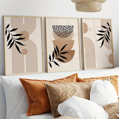 three piece boho geometric and leaf unframed canvas set