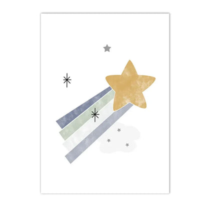 earth with spaceship, moon, stars and rainbow kids canvas wall art