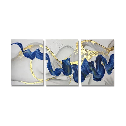 Three-panel blue and gold abstract wave canvas wall art