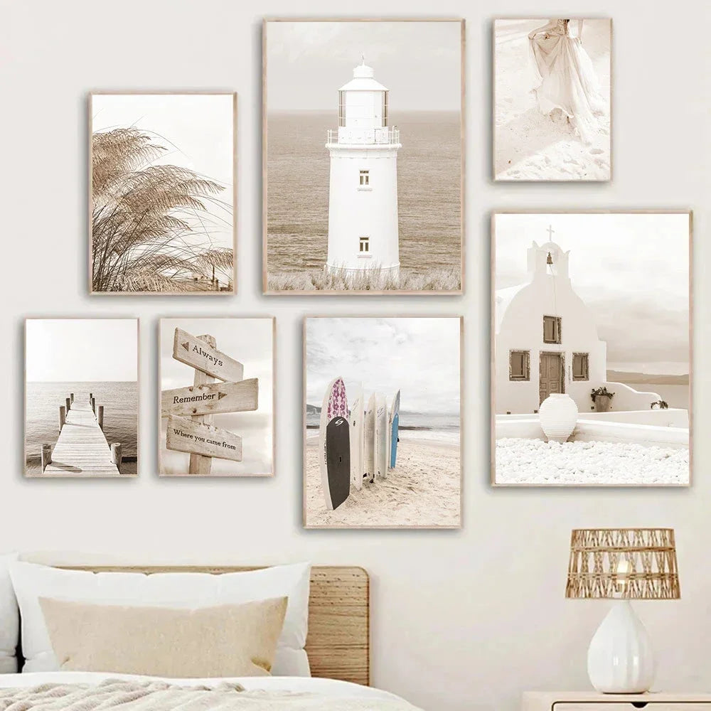 beige coastal canvas with surfboard lighthouse and reed bridge