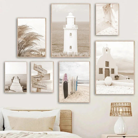 beige coastal canvas with surfboard lighthouse and reed bridge