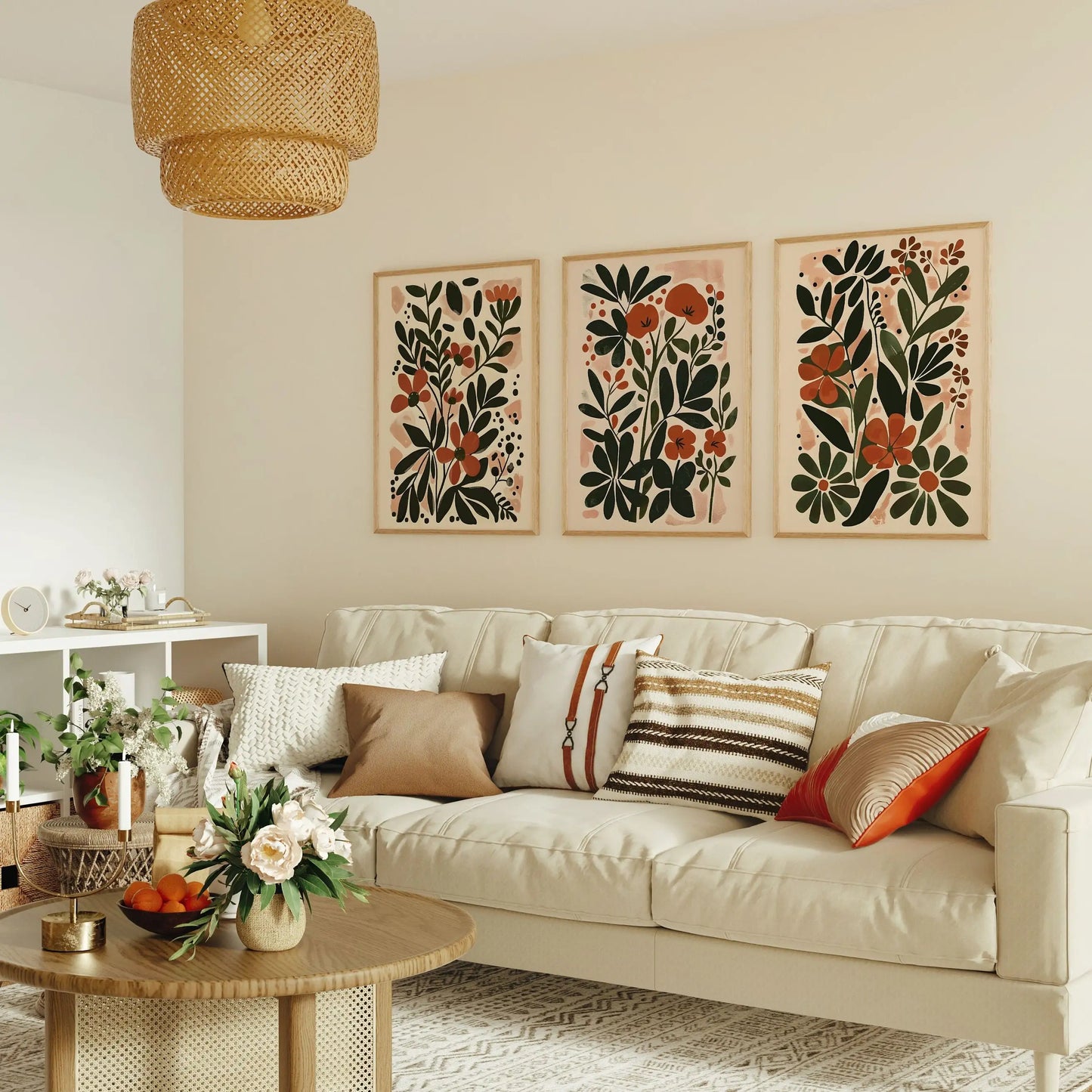 Three-piece boho abstract flower botanical canvas wall art