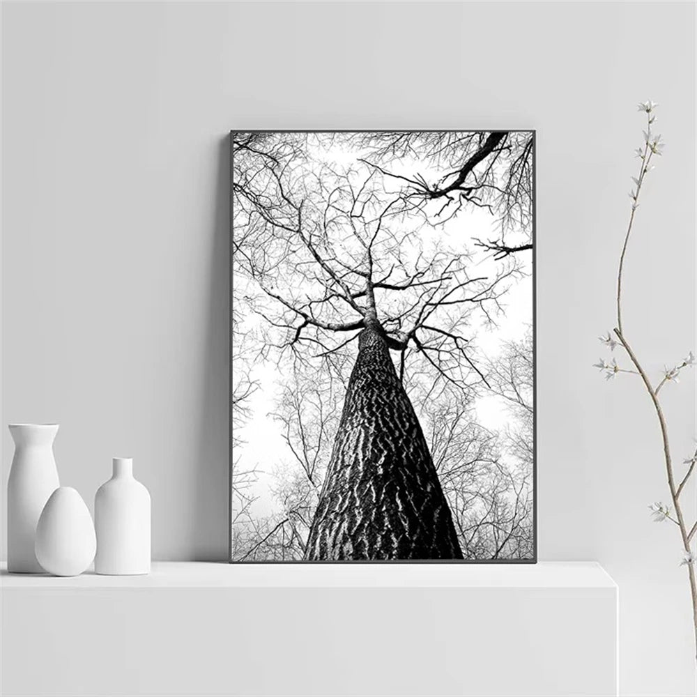 black and white foggy forest canvas with tree branch and deer