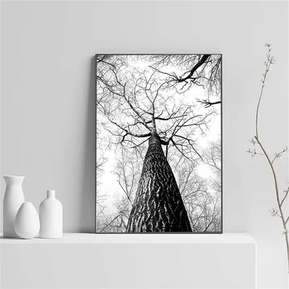 black and white foggy forest canvas with tree branch and deer