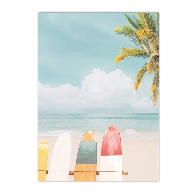 swan with surfboard under coconut tree tropical beach canvas wall art