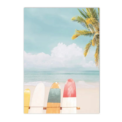 swan with surfboard under coconut tree tropical beach canvas wall art
