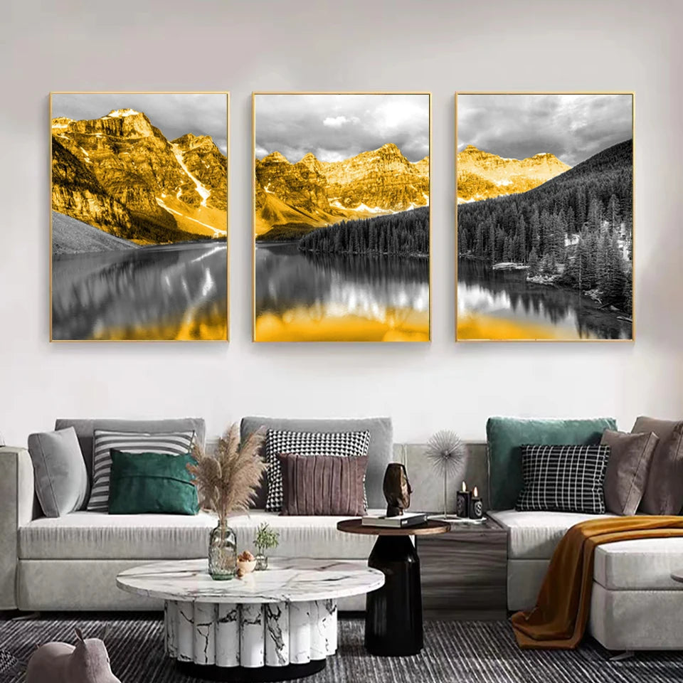 Three-piece golden snow mountain and lake landscape canvas set