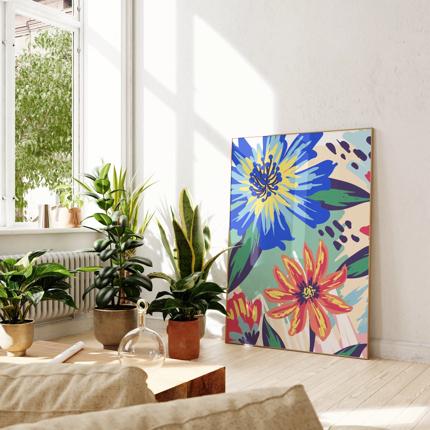 Three-piece colorful boho floral abstract canvas wall art