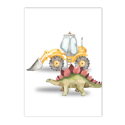 Cartoon dinosaur with trucks, tractor and excavator kids’ canvas