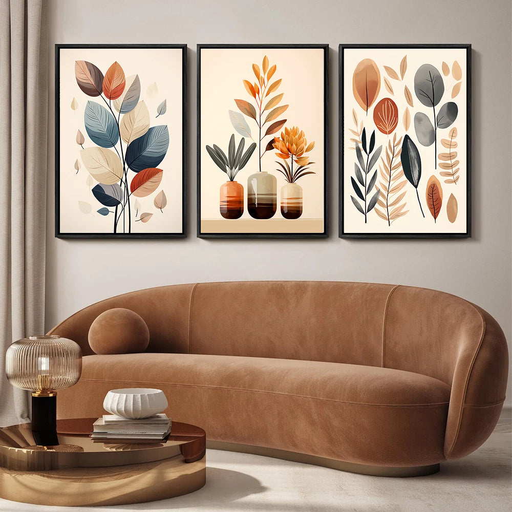 three piece retro leaf and watercolor vase abstract canvas set