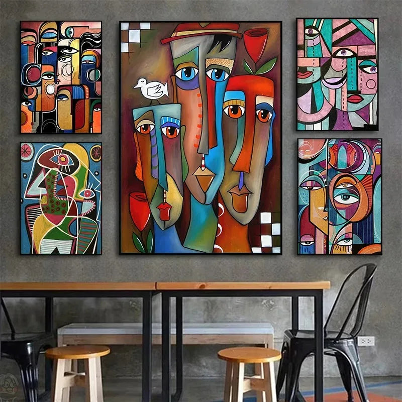 Geometric colour-block human face abstract canvas wall art