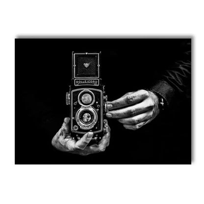 black and white new york themed still life canvas with guitar and camera