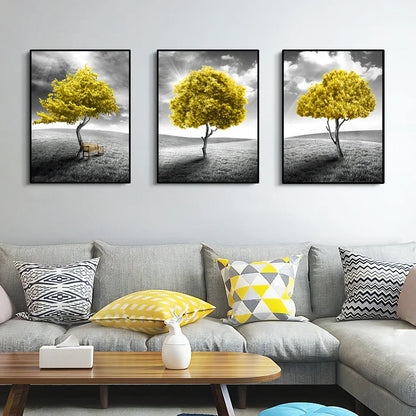 Three-piece abstract yellow tree canvas wall art
