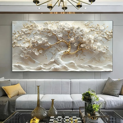 unframed abstract flowering tree canvas in gold and white