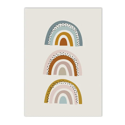 kids boho canvas with turtle bear cat lion and dinosaur under a rainbow