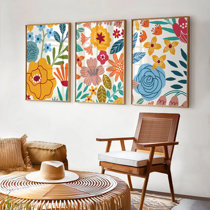 Three-piece colorful boho floral abstract canvas wall art