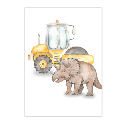 Cartoon dinosaur with trucks, tractor and excavator kids’ canvas