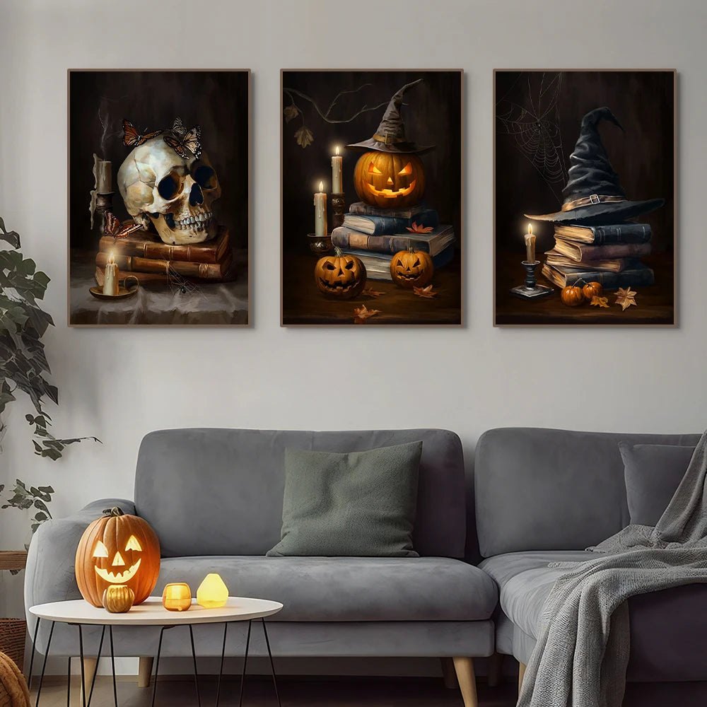 Vintage Halloween canvas with castle, skull, witch, and pumpkin head