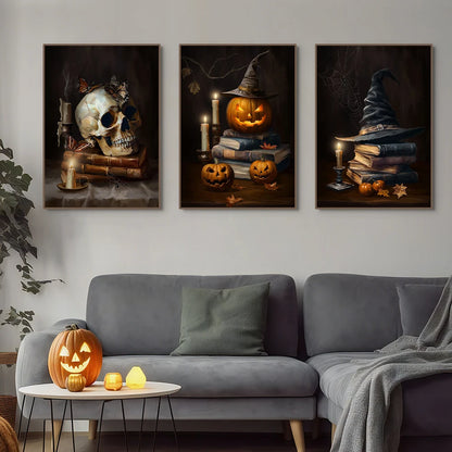 Vintage Halloween canvas with castle, skull, witch, and pumpkin head