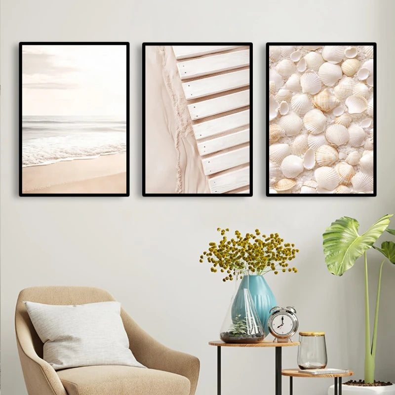 beach sunset with seagull and bridge with beige reeds Nordic canvas wall art