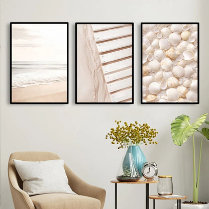 beach sunset with seagull and bridge with beige reeds Nordic canvas wall art