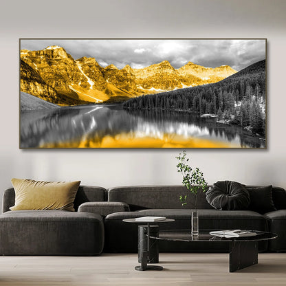 Golden mountains reflected in black lake modern landscape canvas wall art