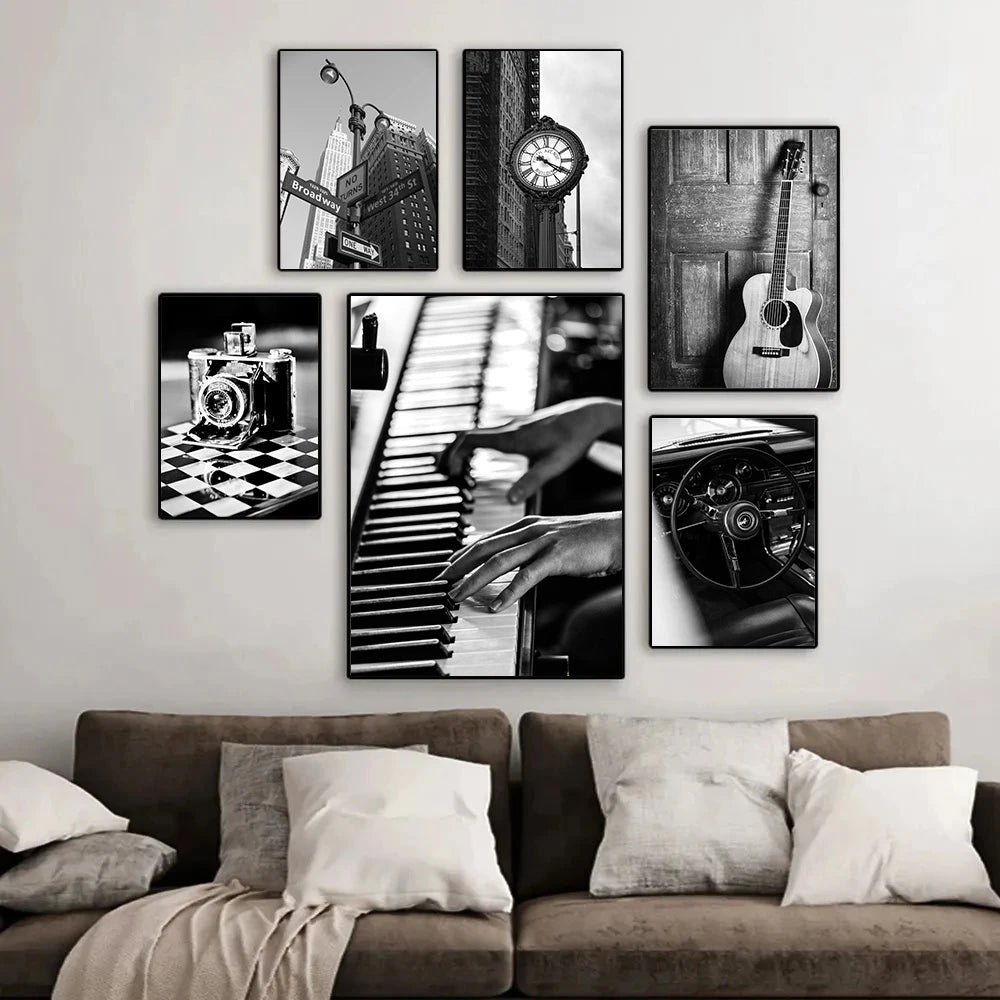 black and white new york themed still life canvas with guitar and camera