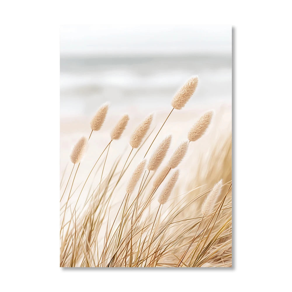 beach sunset with seagull and bridge with beige reeds Nordic canvas wall art