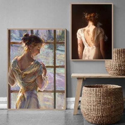 French vintage maiden with flowers portrait canvas wall art