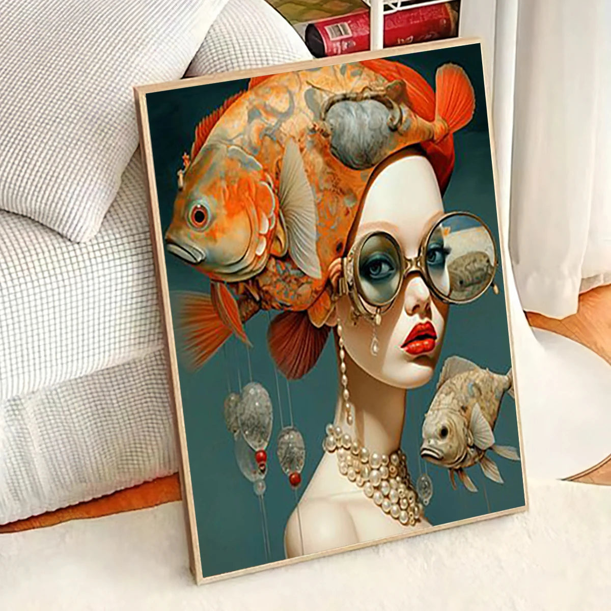 whimsical illustration of a girl wearing glasses standing in water on canvas