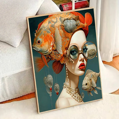 whimsical illustration of a girl wearing glasses standing in water on canvas