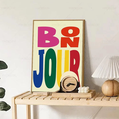 colorful “bonjour” French greeting quote canvas wall art