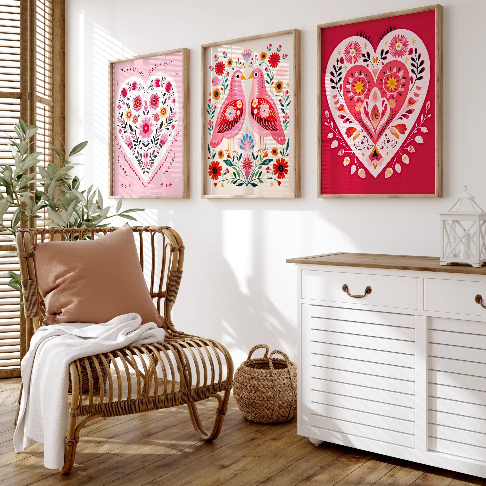 Three-piece folk-art hearts and birds Valentine canvas