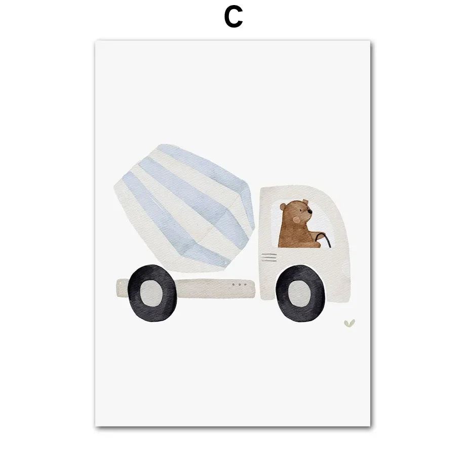 Cartoon Bear Construction Vehicle Canvas Art