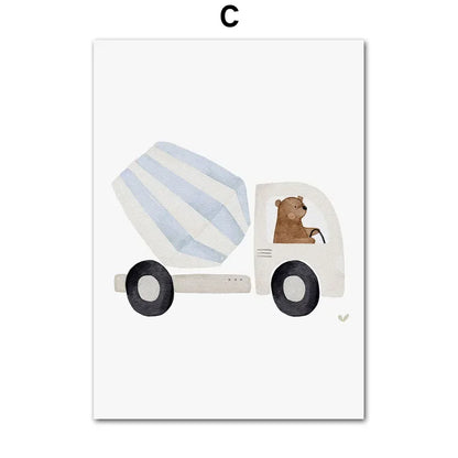 Cartoon Bear Construction Vehicle Canvas Art