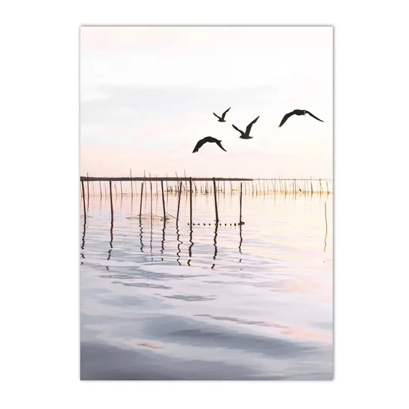 sunset lake with hut bridge and canoe among reeds Nordic canvas wall art