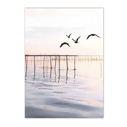 sunset lake with hut bridge and canoe among reeds Nordic canvas wall art