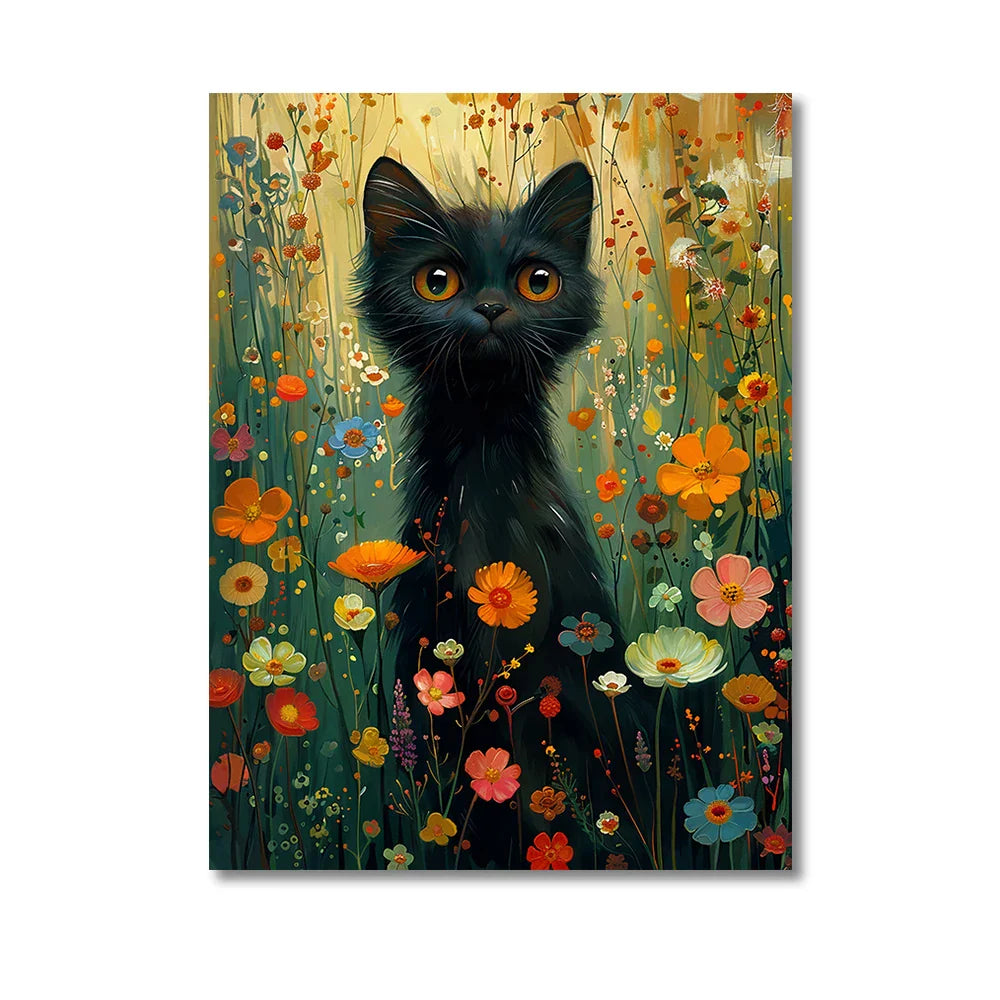 Black Cat in Flowers Canvas Print