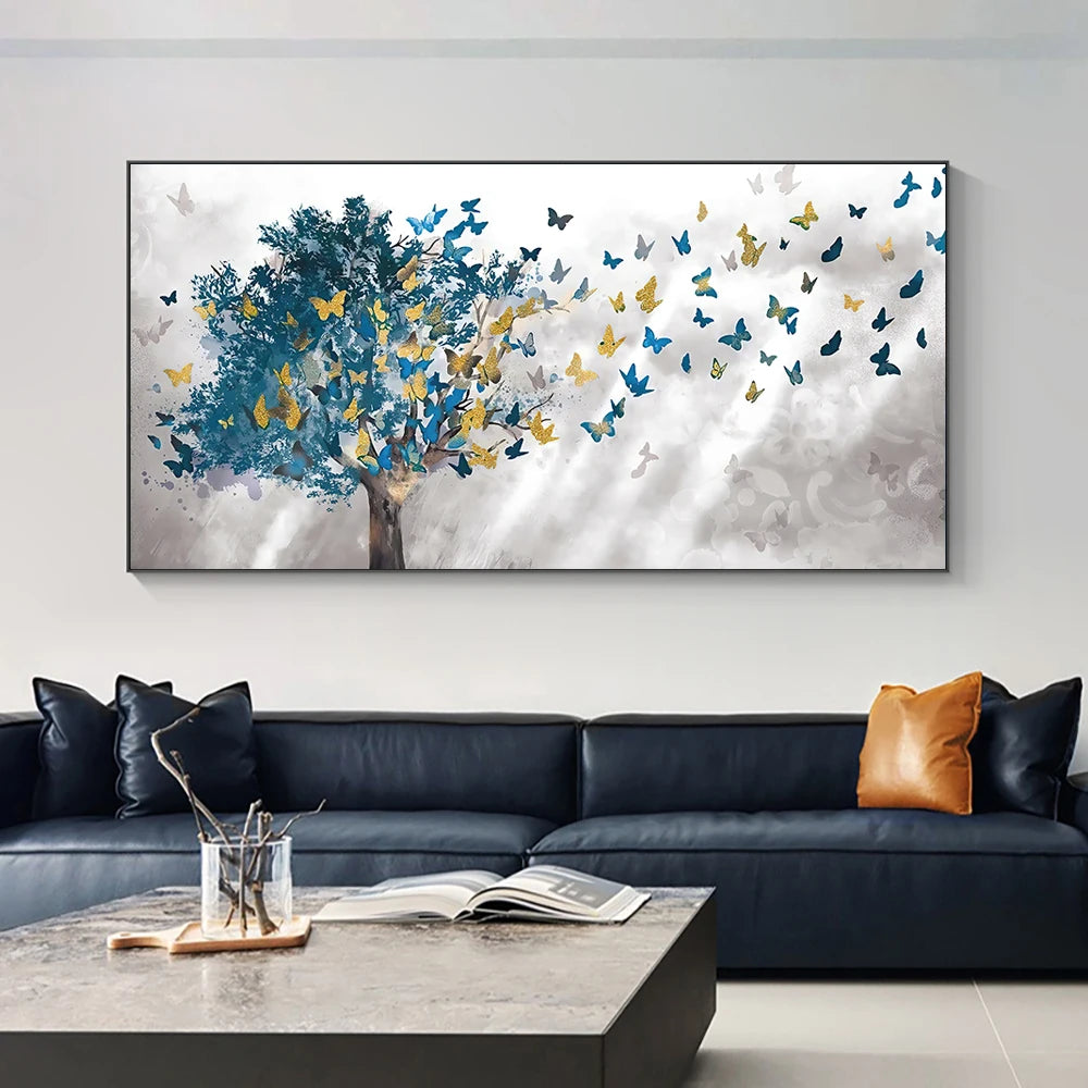 Abstract blue trees with butterfly Nordic canvas wall art