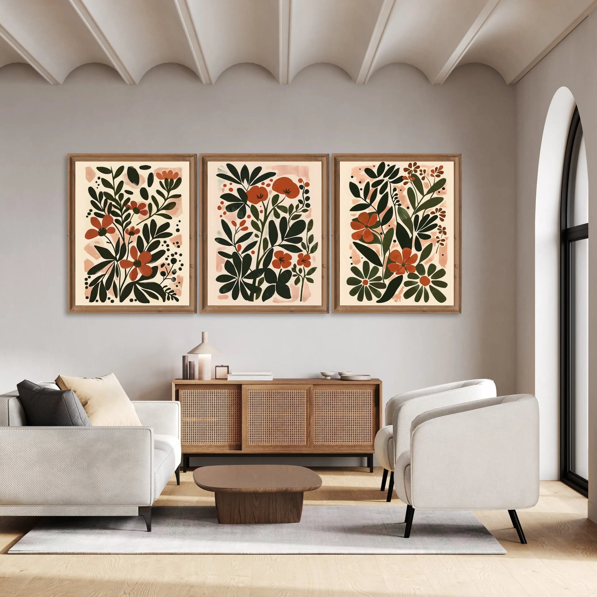 Three-piece boho abstract flower botanical canvas wall art