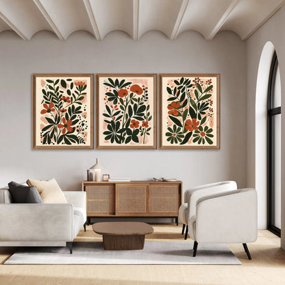 Three-piece boho abstract flower botanical canvas wall art