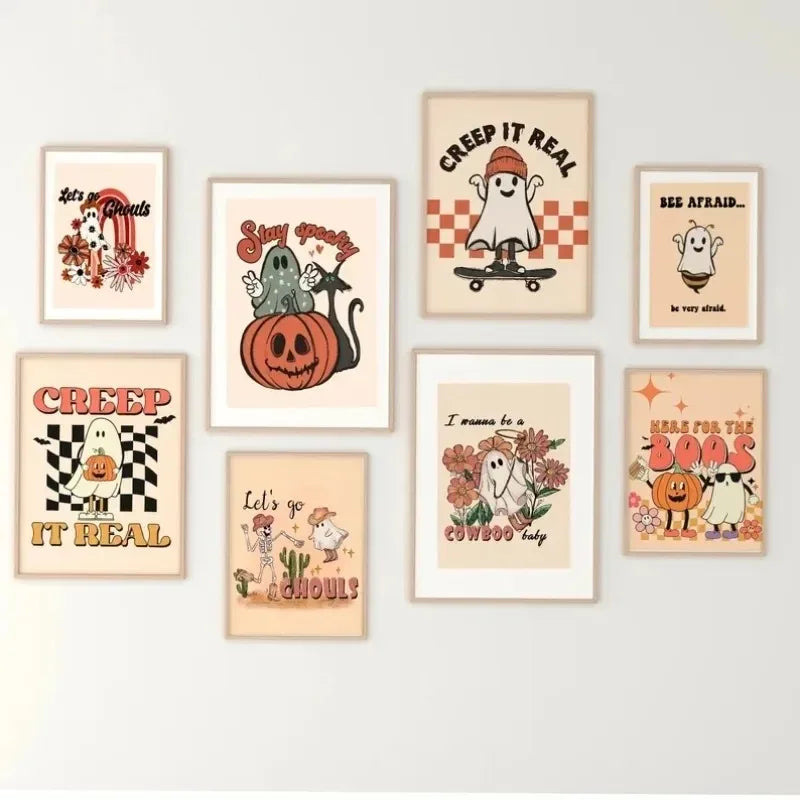 Vintage ghost and pumpkin Halloween “Creep It Real” canvas wall art