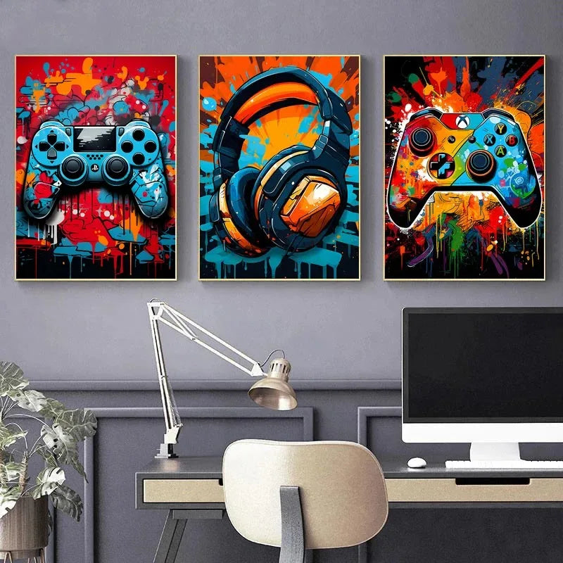 Colorful graffiti gaming controller canvas wall art