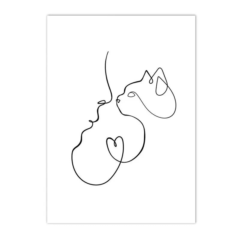 minimalist black and white cat and dog line art canvas wall art