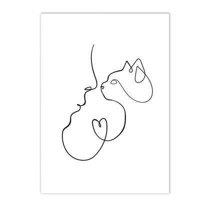 minimalist black and white cat and dog line art canvas wall art