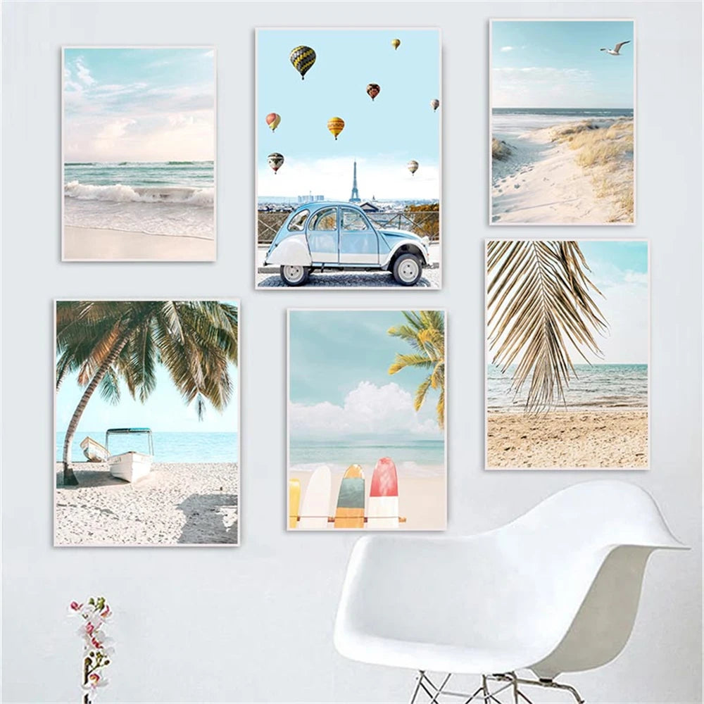 swan with surfboard under coconut tree tropical beach canvas wall art