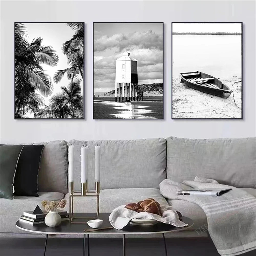black and white coastal bridge boat palm sea waves nordic canvas