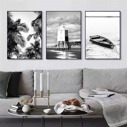 black and white coastal bridge boat palm sea waves nordic canvas